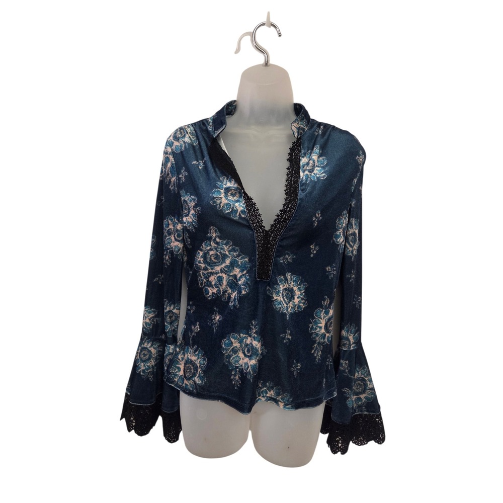 Womens Teal Velvet Floral Top Bell Sleeve Lace Trim Boho Whimsy Goth Blouse S/M